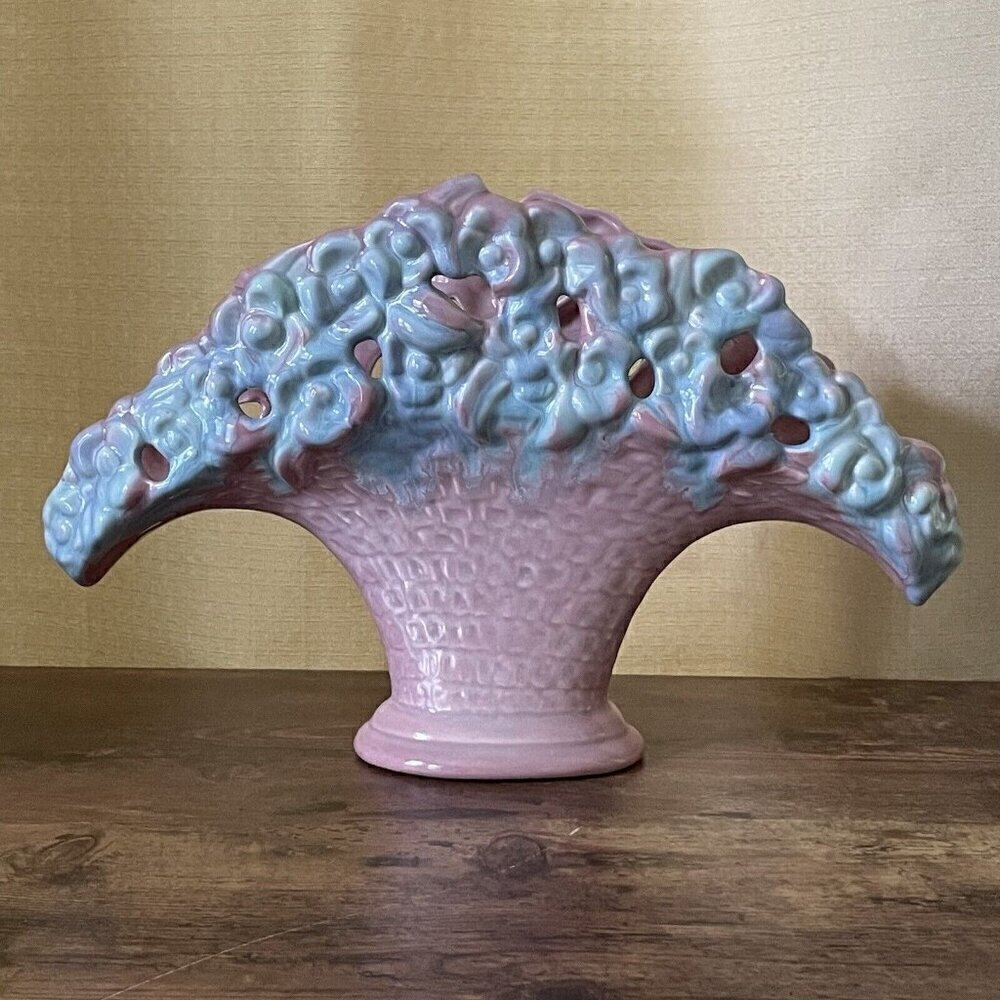Royal Haeger Fan Vase Pink Blue Flower Basket Planter Vintage 1940s R386 USA - Picture 14 of 14